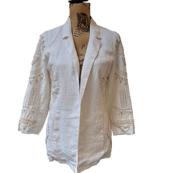 Chico's Jackets & Blazers - Chico's NWT White Linen Blazer Jacket Embroidered Boho 3/4 Sleeve Size 00 XS